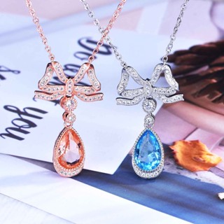 Rovski แฟชั่นเกาหลี พร้อมส่ง เครื่องประดับ Aquamarine Topaz สร้อยคอโบว์ จี้หินมอร์แกนหวาน