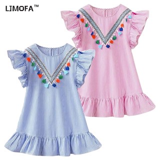 LJMOFA KIDS 2-7Y เด็ก ชุดเดรส ข้อมือ ลูกไม้ ออกแบบที่มีสีสัน จี้คอวี สีชมพู สีฟ้า เด็กผู้หญิง ชุดเด็ก ขายส่ง