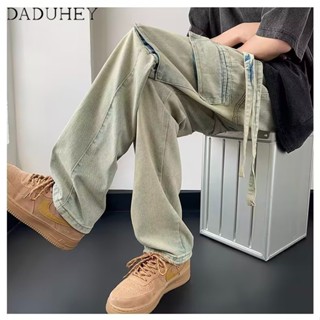 DaDuHey🔥  American Style Ins Fashion Multi-Pocket Straight Casual Pants Mens 2023 New Summer Washed Yellow Mud Color Loose Jeans