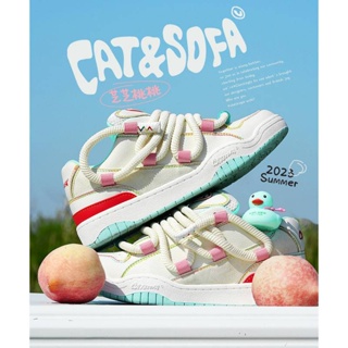 Cat and Sofa Dirty Braids/Peach Skateboard Bread Shoes Couples Casual Board Shoes รองเท้าสนีกเกอร์ เชือกเดรสล็อค