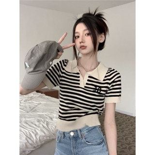 NZN Summer new Korean version vintage polo collar striped top