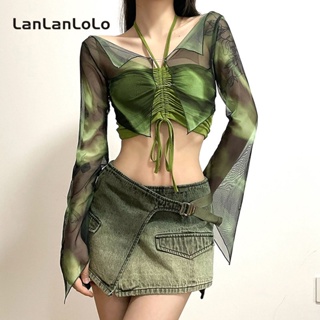 Lanlanlolo เสื้อแขนยาว เปิดไหล่ เข้ารูป พิมพ์ลาย แฟชั่นสําหรับผู้หญิง 2023