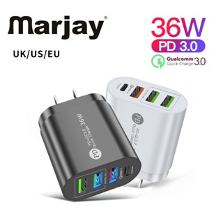 Marjay อะแดปเตอร์ชาร์จโทรศัพท์มือถือ PD36W 5V4A QC3.0 หลายพอร์ต ชาร์จเร็ว