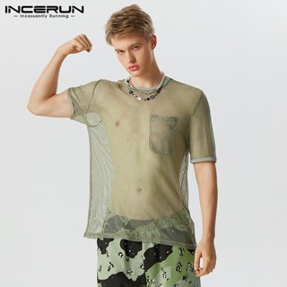 Incerun เสื้อยืด คอกลม แขนสั้น ผ้าถักตาข่าย