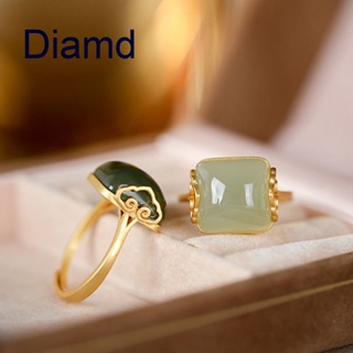 Diamd แหวนหยกสีเขียว สไตล์จีนวินเทจ เรียบง่าย สําหรับผู้หญิง