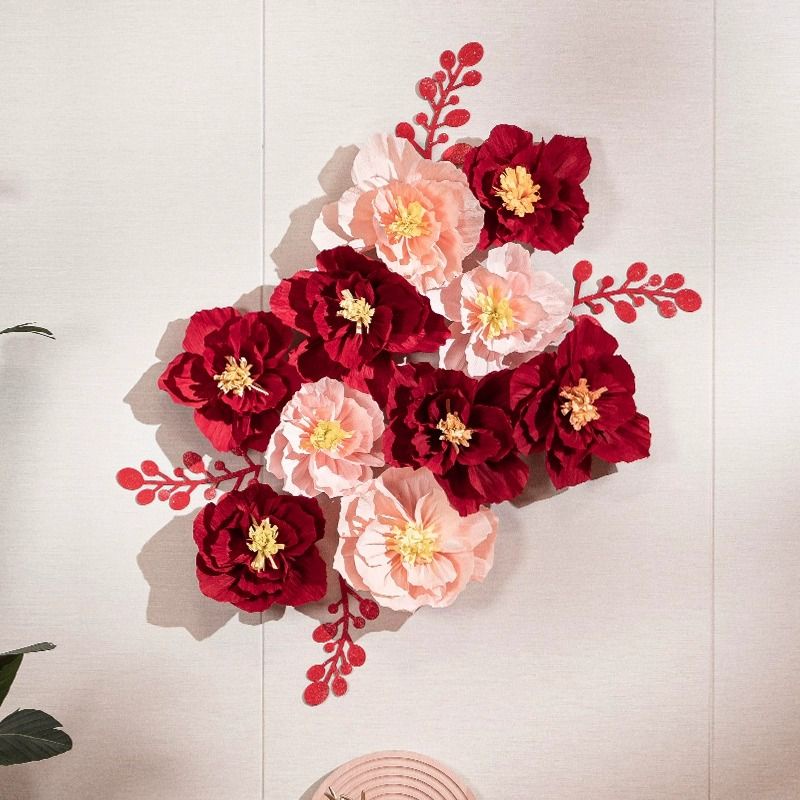 ตกแต่งเทศกาลแต่งงานด้วยกระดาษสามมิติ หลังกระจก DIY ชุดพื้นหลังห้องแต่งงาน ดอกไม้แดง จําลองบรรยากาศงานฉลองเทศกาลขนาดใหญ่