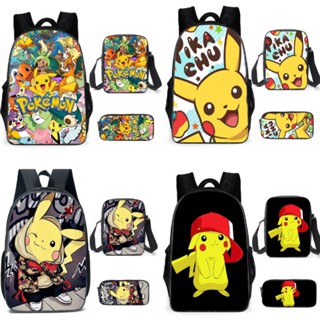 กระเป๋าเป้สะพายหลัง ลายการ์ตูนอนิเมะ Pikachu Mochila สําหรับเด็กประถม และมัธยมต้น 3 ชิ้น