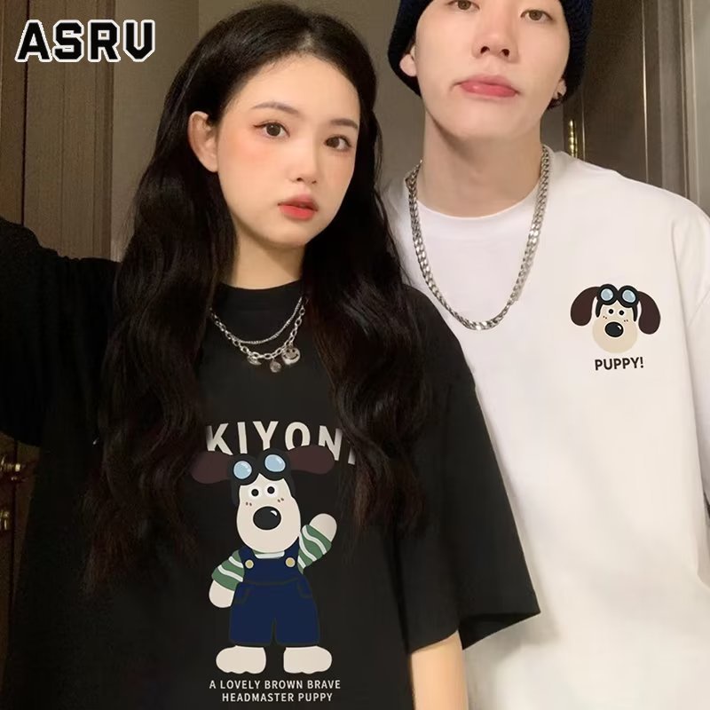 ASRV เสื้อยืดคอกลม เวอร์ชั่นเกาหลีของลูกสุนัขพิมพ์ผ้าฝ้ายหนักคอกลมเสื้อยืดคู่ชายและหญิงขนาดใหญ่นักเรียนแขนสั้น