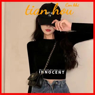 พร้อมส่ง เสื้อยืดครอป แขนสั้น สีดํา พิมพ์ลาย ทรงสลิมฟิต แฟชั่นฤดูใบไม้ร่วง และฤดูหนาว สําหรับผู้หญิง