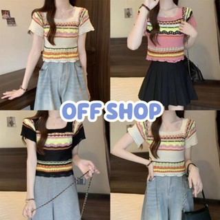 OFF SHOP พร้อมส่ง (OFF-R023) เสื้อถักไหมพรมลายทางโบฮีเมียน แขนสั้น คอเหลี่ยม ลายทาง  -C