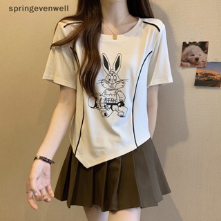 [springevenwell] ใหม่ พร้อมส่ง เสื้อยืดลําลอง แขนสั้น คอกลม พิมพ์ลายกระต่าย เข้ารูป แฟชั่นฤดูร้อน สําหรับสตรี