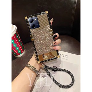 เคสโทรศัพท์มือถือ ขอบตรง ทรงสี่เหลี่ยม กันกระแทก พร้อมเชือกคล้องมือ สําหรับ Vivo Y36 Y78 V29 Lite