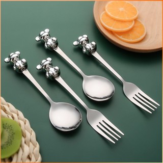 Creative Mirror Stainless Steel Tableware Cartoon Silver Bear Spoon Fork Student Home Dessert Spoon Fruit Fork -FE