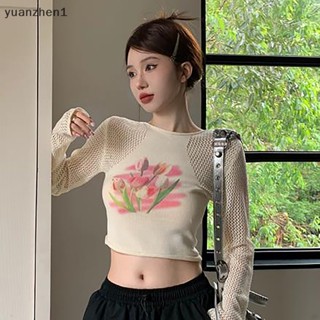 Yuan เสื้อครอปท็อปแขนยาว คอกลม ผ้าถัก ลายดอกไม้ สไตล์เรโทร แฟชั่นฤดูร้อน สําหรับผู้หญิง ZHN