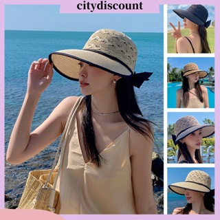 &lt;citydiscount&gt; หมวกฟางปีกกว้าง ประดับโบว์ ทรงกลม ขนาดใหญ่ พับได้ สีพื้น เครื่องประดับแฟชั่น