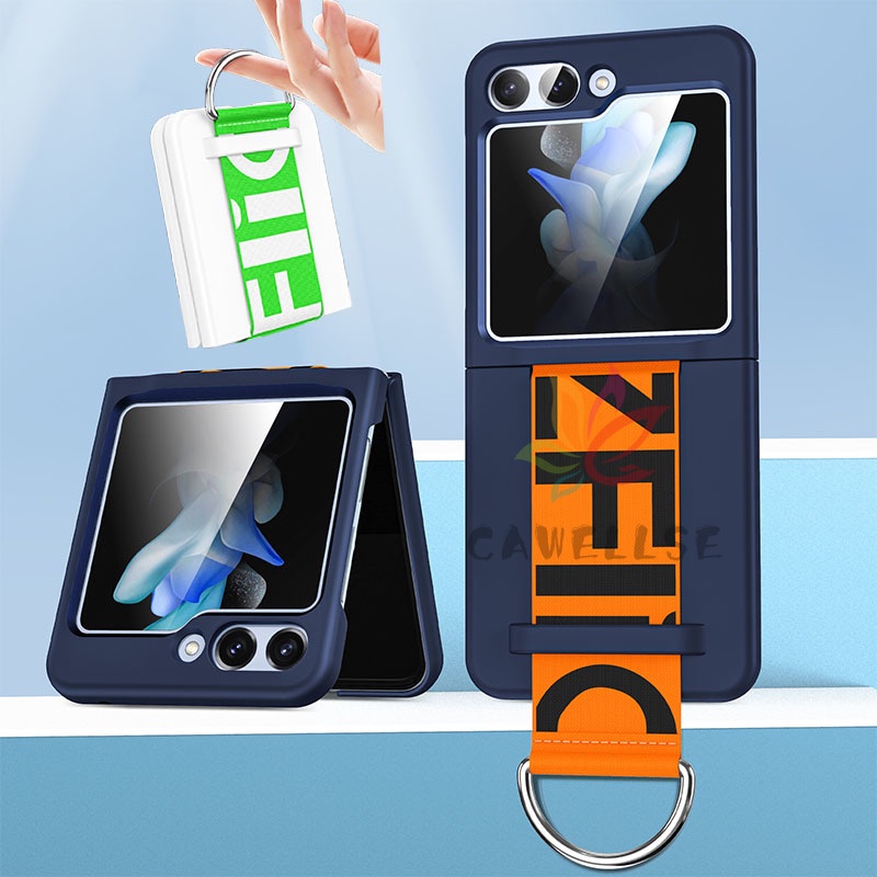 แฟชั่น Matte Hard PC เคสโทรศัพท์ Samsung Galaxy Z Flip 5 Flip 6 Flip 4 สายรัดข้อมือพร้อมเคสแหวนบานพับข้อมือกันกระแทกฝาหลัง ZFlip3 Flip4 Flip5