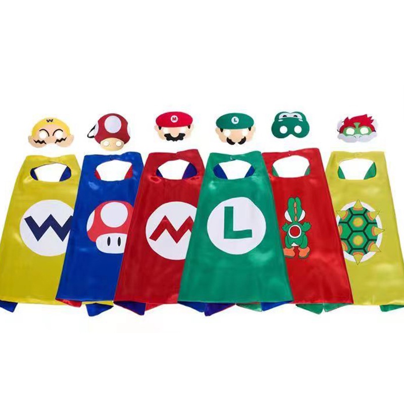 เด็ก Capes Super Mario Bros เครื่องแต่งกายซาติน Cape Felt หน้ากากวันเกิด Party Dress Up คอสเพลย์เสื้อคลุมอะนิเมะโพลีเอสเตอร์เสื้อคลุม