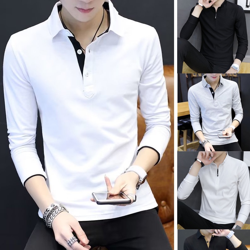 เสื้อโปโลผู้ชายอินเทรนด์ซิปแขนยาว Slim Fit สีทึบธุรกิจอย่างเป็นทางการสําหรับ Office Man Kemaja Baju LelakiSLC95
