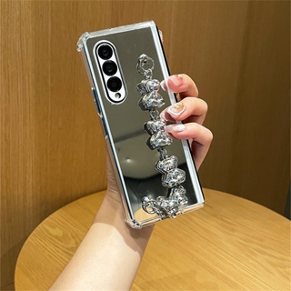 เคสโทรศัพท์มือถือกระจก ชุบไฟฟ้า ลายหมีน่ารัก 3D หรูหรา สไตล์เกาหลี สําหรับ Samsung Galaxy Z Fold4 5G Z Fold 3 Fold 4 Fold3