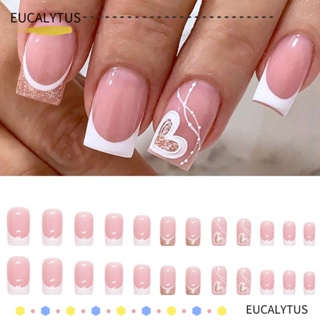 EUTUS เล็บปลอม แบบกด ขอบสีขาว สไตล์ฝรั่งเศส จํานวน 24 ชิ้น