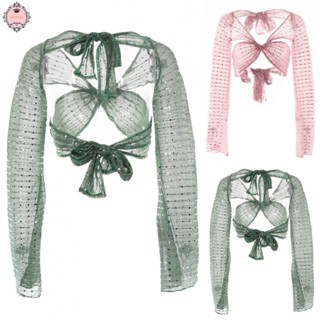 Women Sexy V Neck Transparent Long Sleeve Casual Y2k Solid Hollow Out Slim Tops