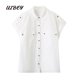 Uibey เสื้อเชิ้ต คอปก สีพื้น แฟชั่น 23098