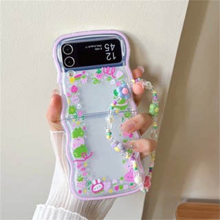 เคสโทรศัพท์มือถือแบบนิ่ม tpu ใส ลายดอกไม้ กระต่าย สีชมพู พร้อมสายคล้องมือ สไตล์เกาหลี สําหรับ Samsung Galaxy Z Flip 5 4 3 Z Flip 3 5G ZFlip4 Z FLIP5