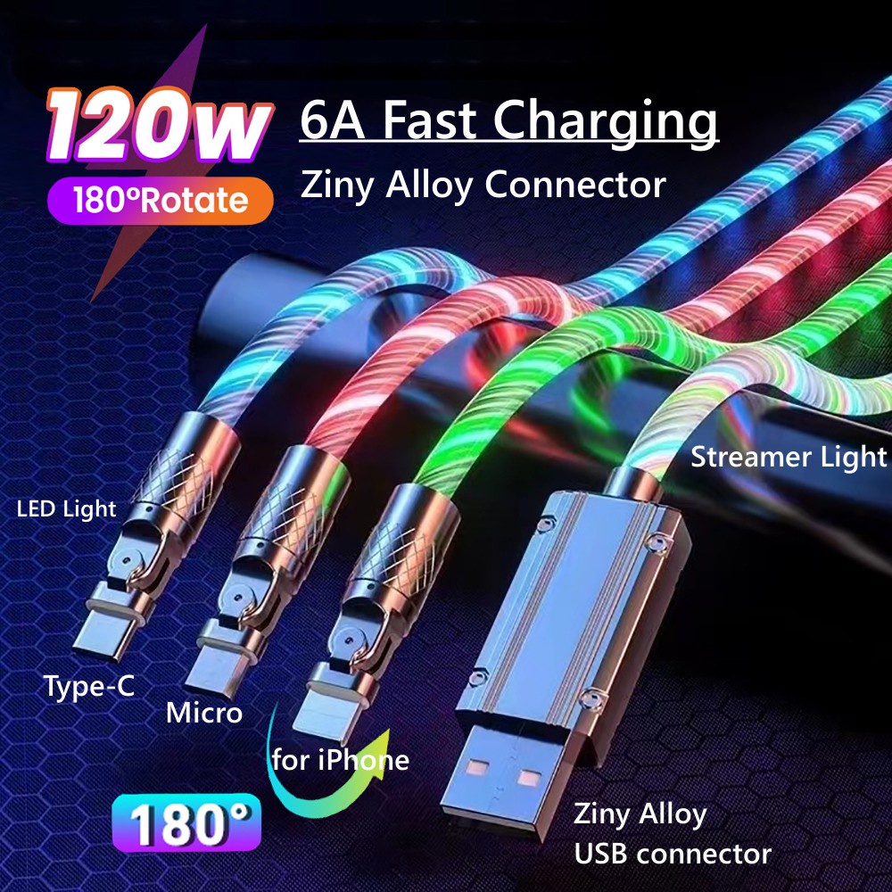 สายชาร์จ 120W 6A หมุนได้ 180 องศา USB ไฟ LED Type C พร้อมไฟสตรีมเมอร์ สําหรับ IPhone Xiaomi