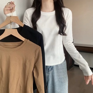 8251# White round neck front shoulder long-sleeved t-shirt womens autumn and winter fishbone waist slimming short top