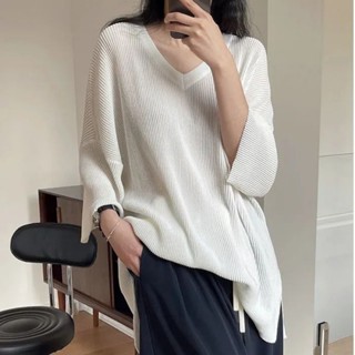 เสื้อแขนสามส่วน คอวี ทรงหลวม ความยาวปานกลาง แบบบาง ขนาดใหญ่ สําหรับผู้หญิง