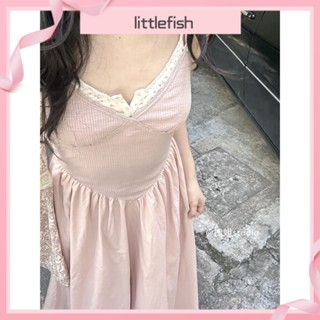 [littlefish] ชุดเดรสกระโปรงยาว คอวี เอวสูง ทรงสลิม ปักลายลูกไม้ สไตล์เกาหลี หรูหรา เหมาะกับฤดูร้อน สําหรับสตรี