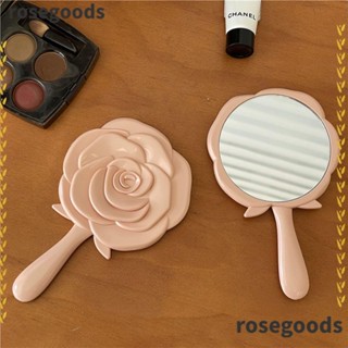 Rosegoods1 กระจกแต่งหน้า ABS รูปดอกกุหลาบ ขนาดเล็ก แบบพกพา พร้อมเลนส์ สีชมพู