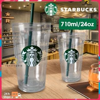 พร้อมส่ง Starbucks Transparent Cup Large -capacity Portable Straw Cup Green Straw Cup 710ml/437ml amazing_th