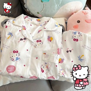 Kawaii Sanrio ชุดนอน เสื้อแขนยาว พิมพ์ลาย Hello Kitty และกางเกงขายาว สองชิ้น แฟชั่นฤดูใบไม้ผลิ สําหรับบ้าน [GM]