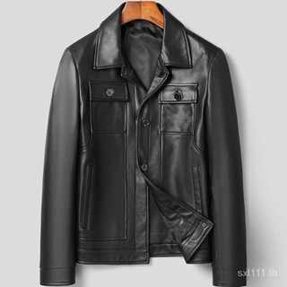 [Autumn new] 2023 autumn and winter new leather coat mens leather sheep leather locomotive short lapel mens leather jacket casual leather jacket VKBY