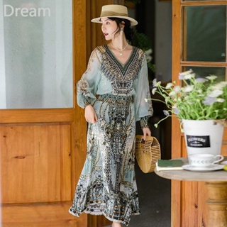 Retro socialite ethnic style loose slimming large size womens waist V-neck foreign style long dress