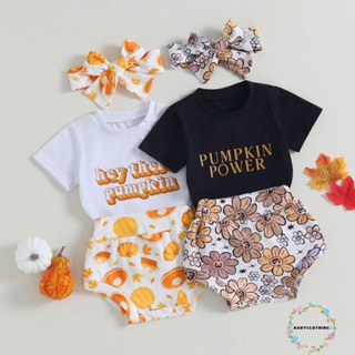 Babyclothes- ชุดเสื้อยืด แขนสั้น พิมพ์ลายฟักทอง ดอกไม้ ฮาโลวีน กางเกงขาสั้น ที่คาดผม ยืดหยุ่น สําหรับเด็กผู้หญิง