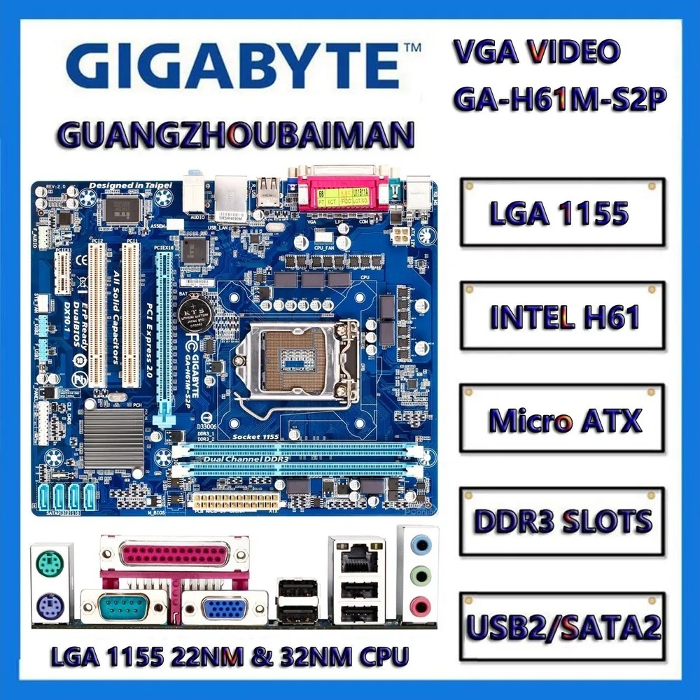 เมนบอร์ด Gigabyte ga-h61m-s2p s2pv s2ph lga 1155 Intel h61 microatx Intel pci- e2.0 usb2.0 dec2