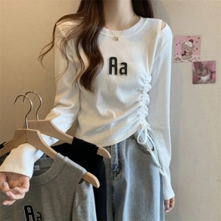 ขายดี เสื้อยืดแขนยาว แบบผูกเชือก ทรงไม่สมมาตร กลวง ออกแบบดี สําหรับผู้หญิง SK6Z264