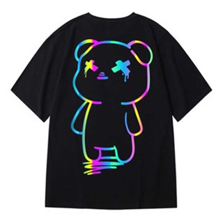 ผ้าฝ้าย 100% Oversize T เสื้อการ์ตูนพิมพ์สะท้อนแสงสายรุ้ง T เสื้อ Harajuku Streetwear Top Tees ฝ้ายสบายๆครึ่งแขนเสื้อผ้า