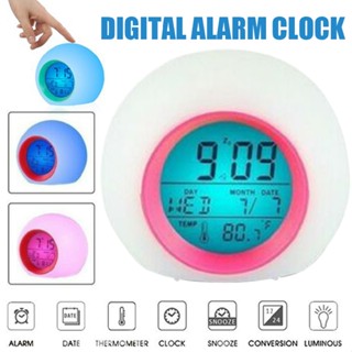 New LED Digital Alarm Clock 7 Color Changing Kids Glowing Round Temperature