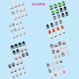 Aroma เล็บปลอม แบบสั้น ลายการ์ตูนฟักทองฮาโลวีน ถอดออกได้ สไตล์พังก์ สําหรับตกแต่งเล็บ