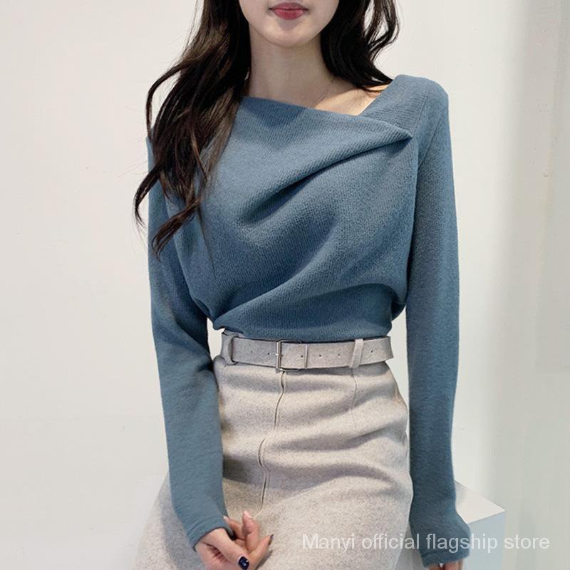 【เสื้อยืดผู้หญิง】เสื้อยืดแขนยาว ผ้ากํามะหยี่ แบบหนา สองด้าน ทรงไม่สมมาตร สีขาว สําหรับผู้หญิง Sc8709 2023