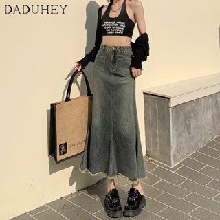 DaDuHey🎈 Women New Korean Style Ins Denim Skirt Raw Edge High Waist A- Line Skirt Plus Size Hip Skirt