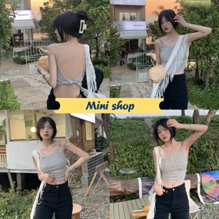 Mini shop🌸พร้อมส่ง🌸 (85143) เสื้อสายเดี่ยวไหมพรม ลายทางเล็กๆ ดีเทลเว้าหลังเซ็กซี่เบาๆ