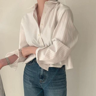 เสื้อเชิ้ตแขนยาว คอโปโล ทรงหลวม ลายทาง แบบเรียบ สไตล์เกาหลี สําหรับผู้หญิง