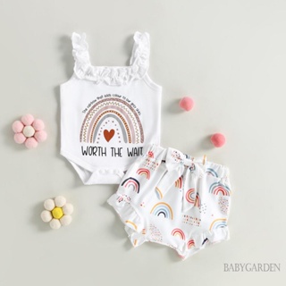 Babygarden-0-18m ชุดรอมเปอร์ แขนกุด พิมพ์ลายตัวอักษร และกางเกงขาสั้น เอวยางยืด สีรุ้ง สําหรับเด็กผู้หญิง