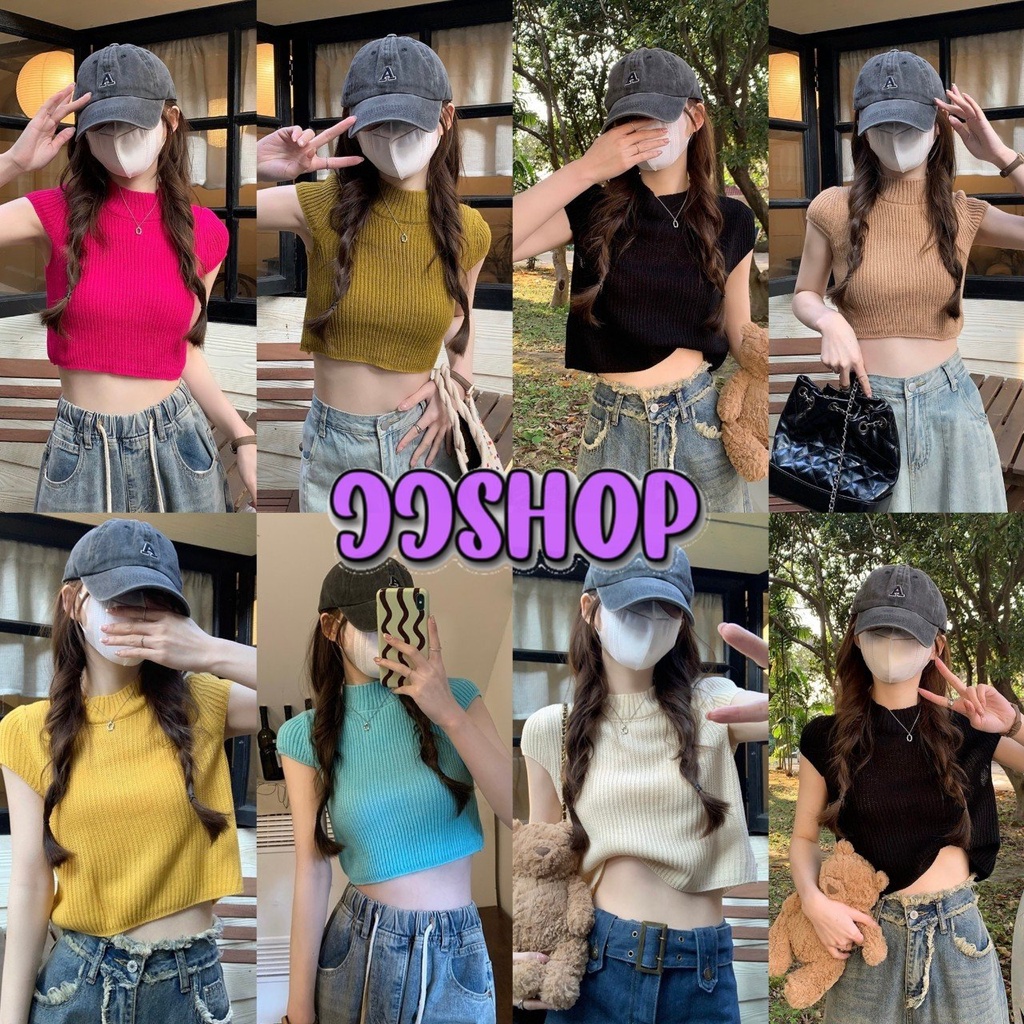 JJ shop💜 พร้อมส่ง เสื้อครอปสีพื้นไหมพรม แขนสั้น ผ้านิ่มๆยืดสบายตามตัว "X2005-1" -N