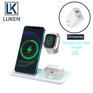 Luken 3 in 1 แท่นชาร์จไร้สาย Qi 15W พับได้ สําหรับ IP13 12 11 8 Pro XR XsMax App Watch SE6 5 4 3 AirP