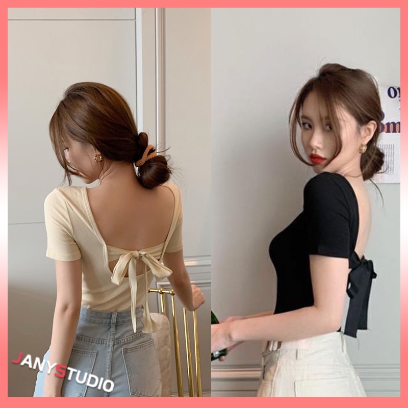 เสื้อครอปแขนสั้น ราคาถูก ดีไซน์ผูกโบว์หลังด้านหลัง ใส่ไปปาร์ตี้ ใส่ไปคลับ น่ารักปนแซ่บ
